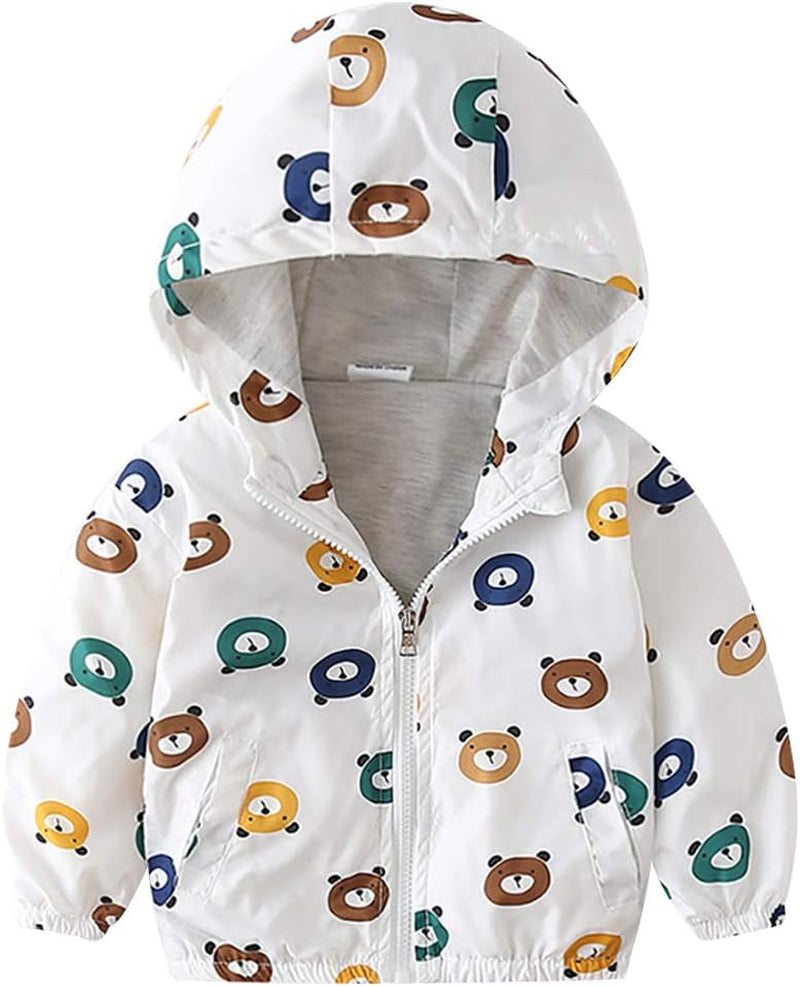 Toddler Baby Boys Cute Teddy Bear Print Hooded Jacket Long Sleeve Windproof Coats Zip up Trench Windbreaker Outerwear