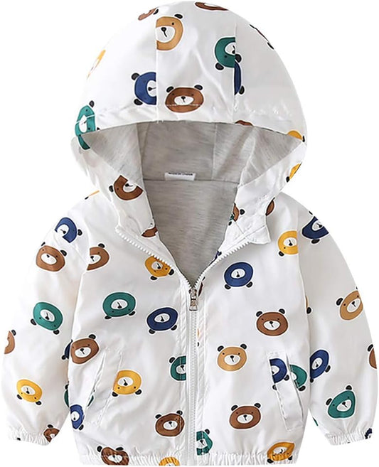 Toddler Baby Boys Cute Teddy Bear Print Hooded Jacket Long Sleeve Windproof Coats Zip up Trench Windbreaker Outerwear