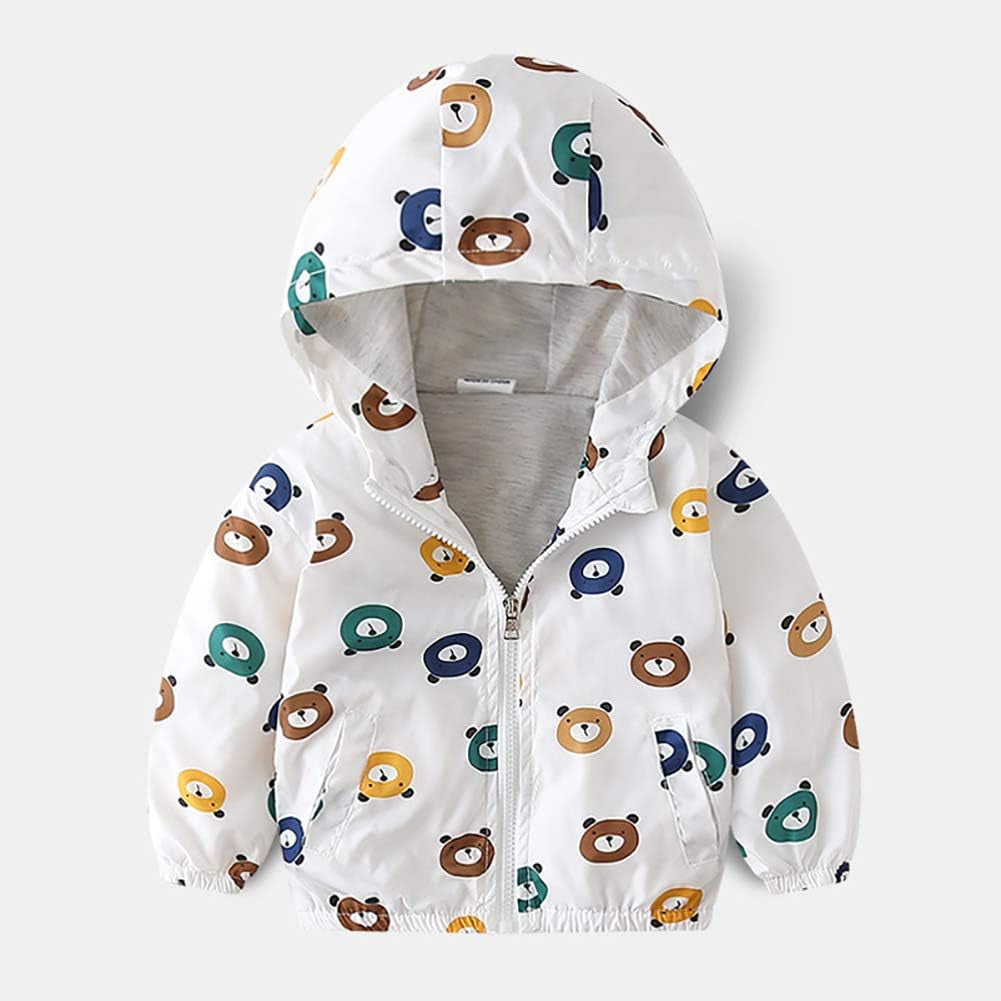 Toddler Baby Boys Cute Teddy Bear Print Hooded Jacket Long Sleeve Windproof Coats Zip up Trench Windbreaker Outerwear