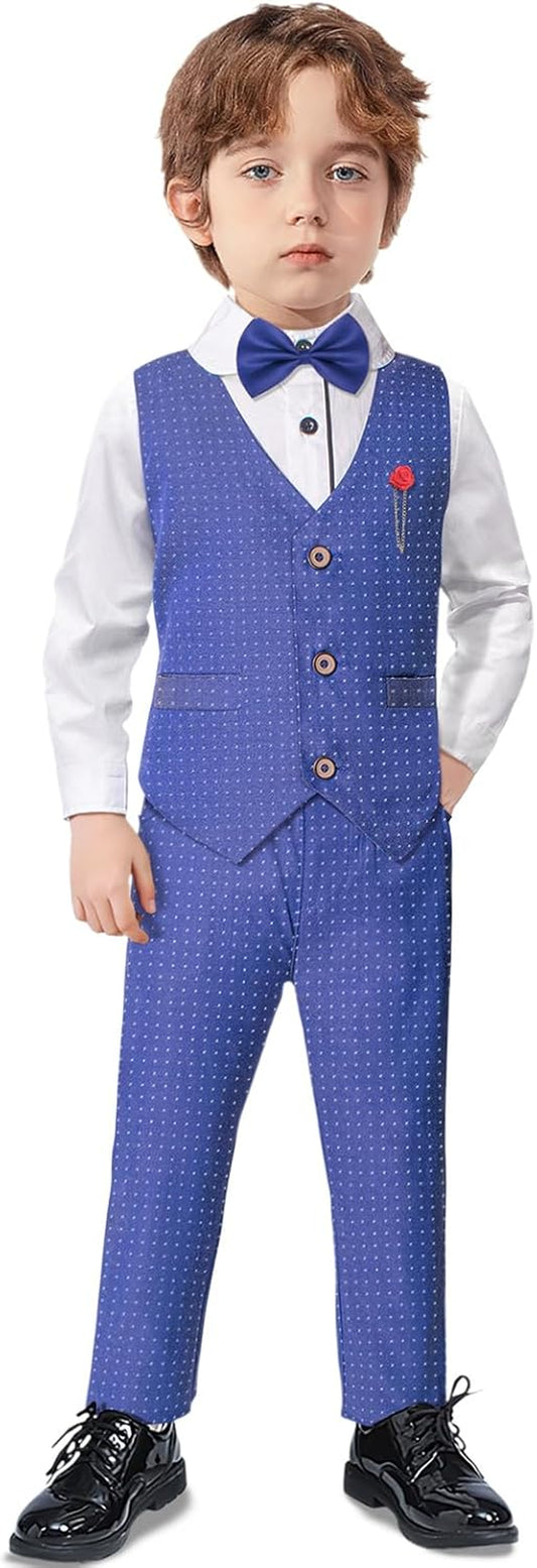 Boys Suit Set Formal Dress Shirt with Bow Tie, Slim Vest and Pants Toddler Boy Clothes Suits