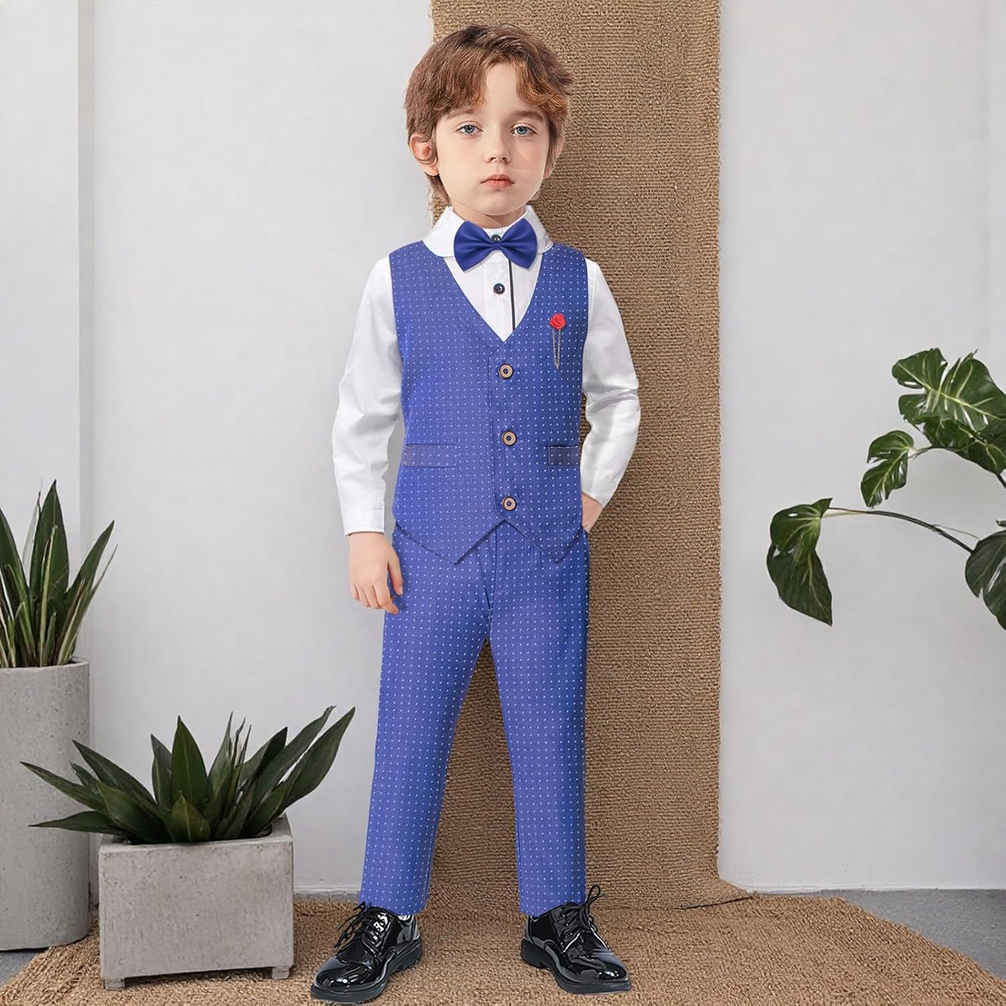 Boys Suit Set Formal Dress Shirt with Bow Tie, Slim Vest and Pants Toddler Boy Clothes Suits