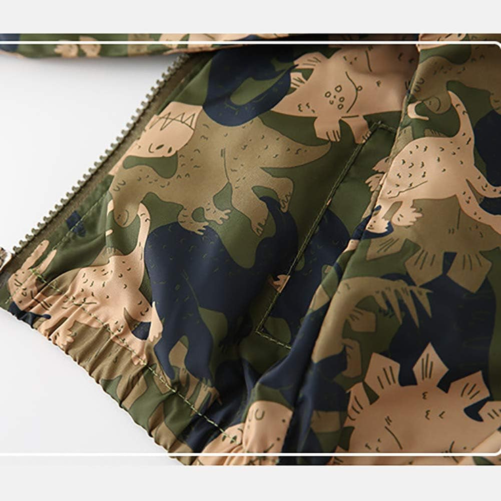 Toddler Baby Boys Cartoon Dinosaur Print Hooded Jacket Long Sleeve Windproof Coats Zip up Trench Windbreaker Outerwear