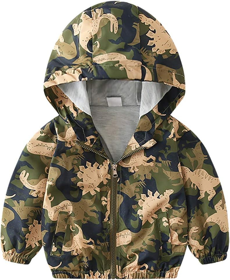 Toddler Baby Boys Cartoon Dinosaur Print Hooded Jacket Long Sleeve Windproof Coats Zip up Trench Windbreaker Outerwear